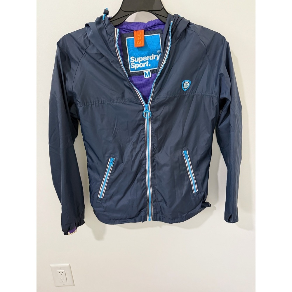 Superdry Men Sport Windbreaker Jacket Navy Blue Medium Hooded Full Zip Outerwear